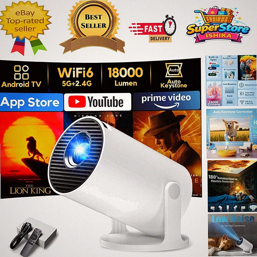 Vielseitiger 180° drehbarer O2 Projektor - 18000 Lumen, Android 14, kompaktes Design