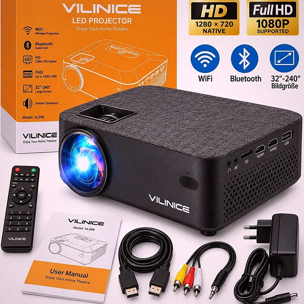 VILINICE VL208 Mini Beamer WiFi Bluetooth Full HD 1080P Heimkino Projektor