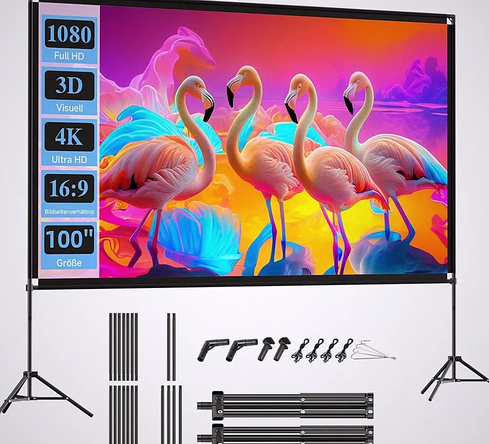 VISULAPEX 100” Beamer Leinwand mit Stativ, 16:9 4K HD Projektor Leinwand