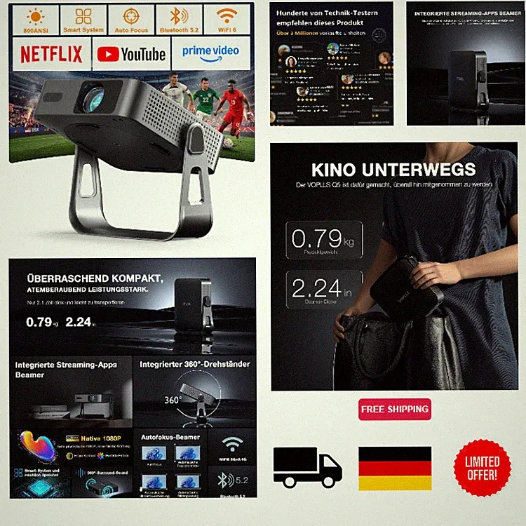 VOPLLS Q5 Mini Projektor Schwarz 1080P Full HD WiFi 6 4K Heimkino für Handy