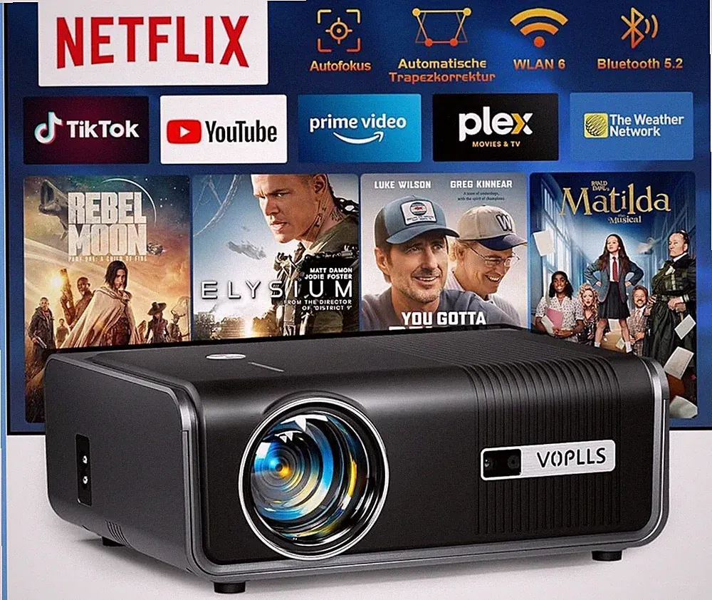 VOPLLS Smart Beamer Full HD 1080P 4K WLAN Bluetooth Netflix Autofokus