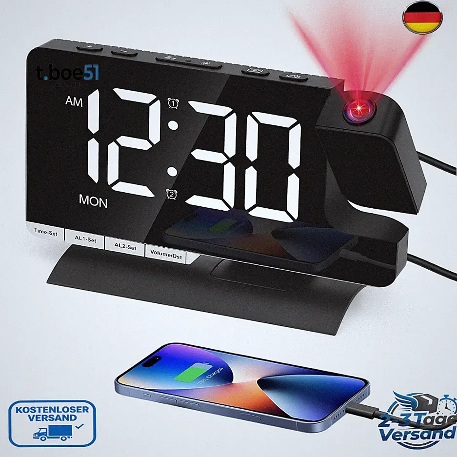 Wecker mit Projektor 180 Grad USB-Ladeanschluss 2 Alarmen 3 Modi