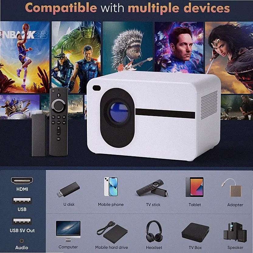 Wielio AT-M261 Beamer - 1080P HD 18000 Lumen WiFi & Bluetooth 200" Display