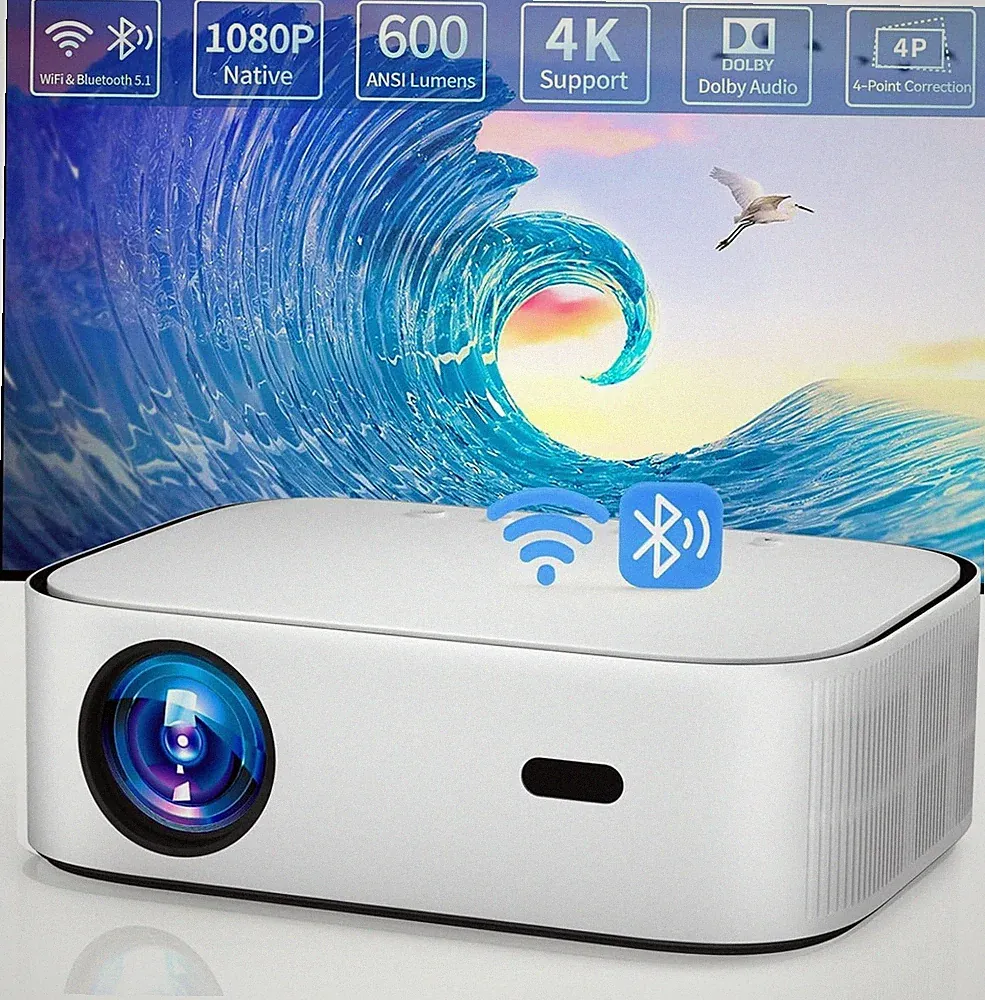 WiFi 4K Projektor iOS/Android/TV Stick/TVbox/PS5 Bluetooth, 600 ANSI Lumen