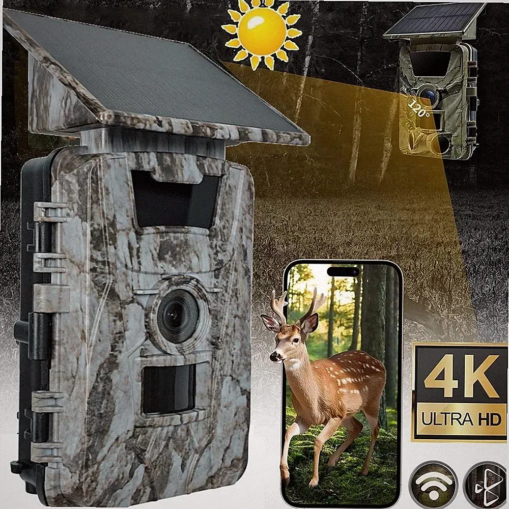 Wildkamera Solar 4K UHD 60MP WLAN Bluetooth Jagdkamera IR Nachtsicht Outdoor DE