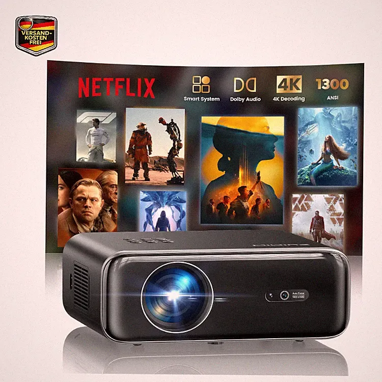 Wimius P62 Pro Beamer mit Netflix, Dolby Audio, 1300 ANSI Lumen, 4K, WiFi