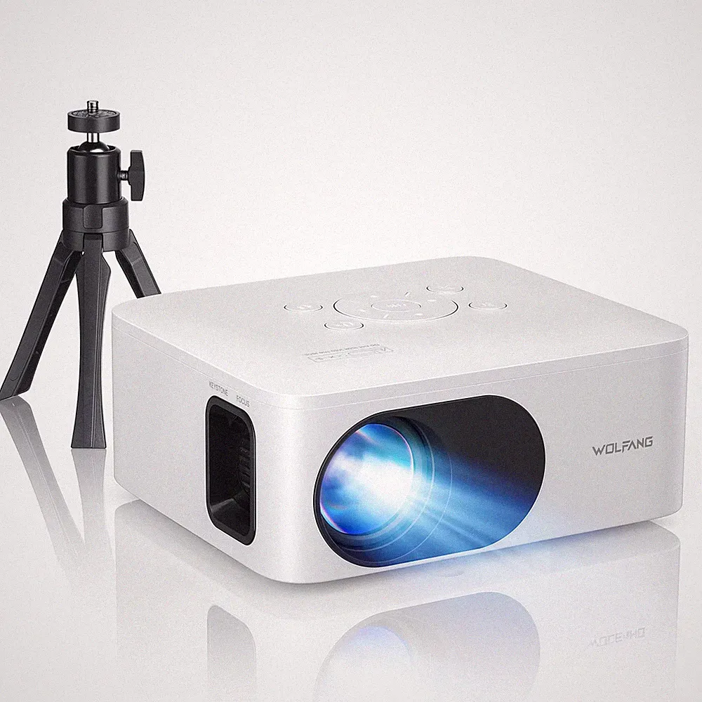 WOLFANG Mini Beamer mit Stativ, 1080P Full HD tragbar weiß und schwarz