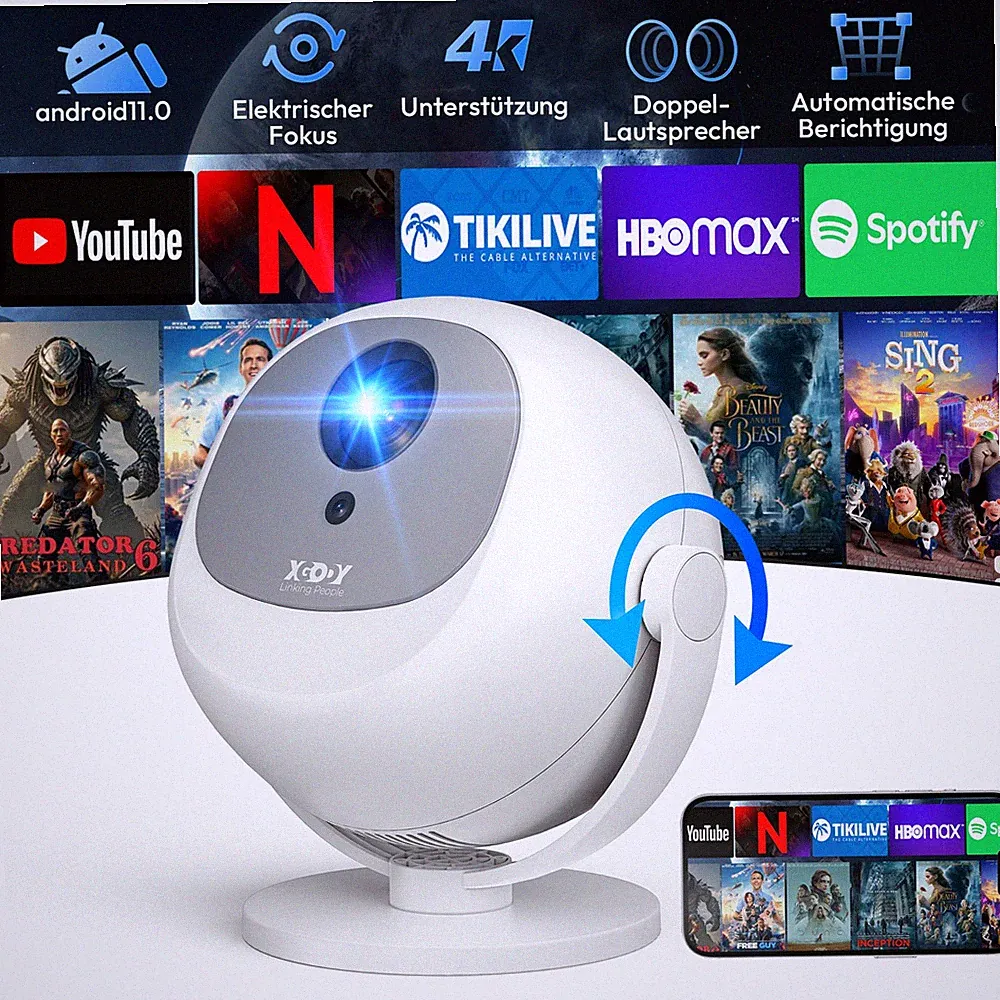 XGODY 4K Beamer Android 11.0 Heimkino Mini Projektor 300ANSI LED WiFi Bluetooth