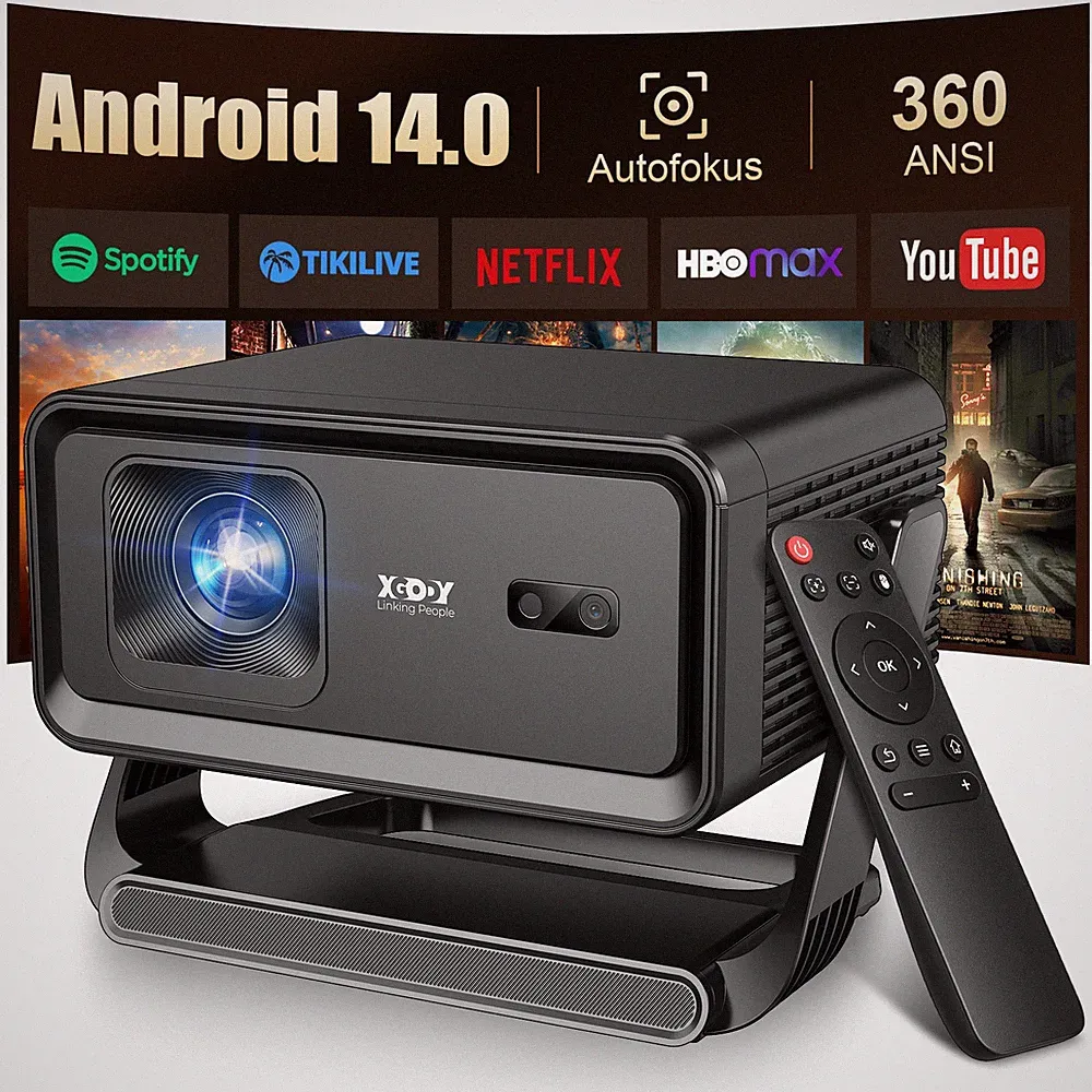XGODY 4K Projektor 360 ANSI WiFi Android 14.0 HDMI Beamer UHD Heimkino Autofokus