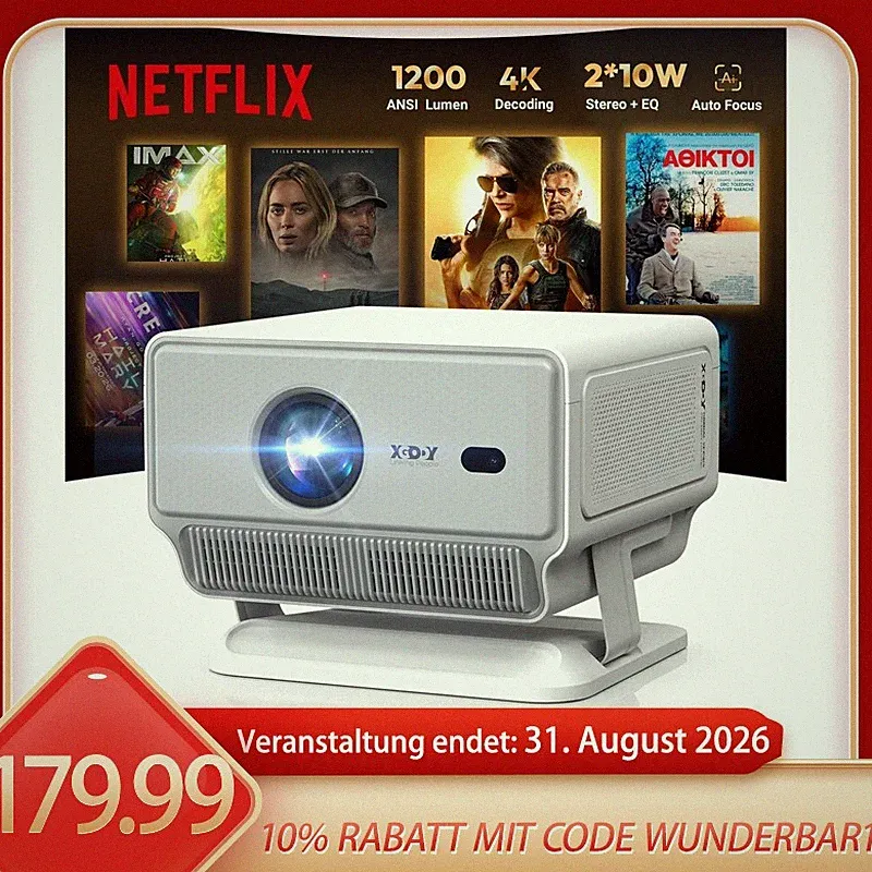 XGODY 4K Projektor Whale TV Smart Beamer 1200 ANSI 1080P WiFi Heimkino HDMI USB