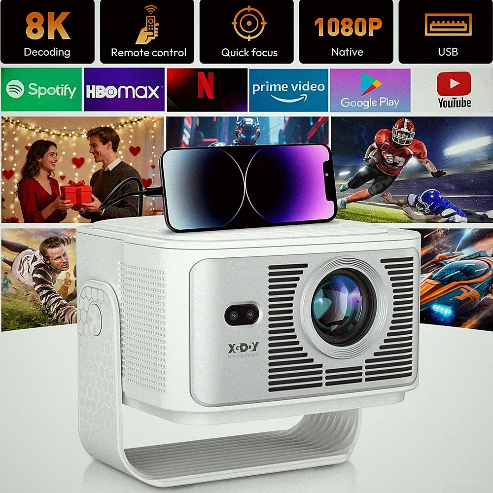 XGODY 8K 4K Beamer 900 ANSI Android 14.0 Projektor Autofokus Heimkino HDMI USB