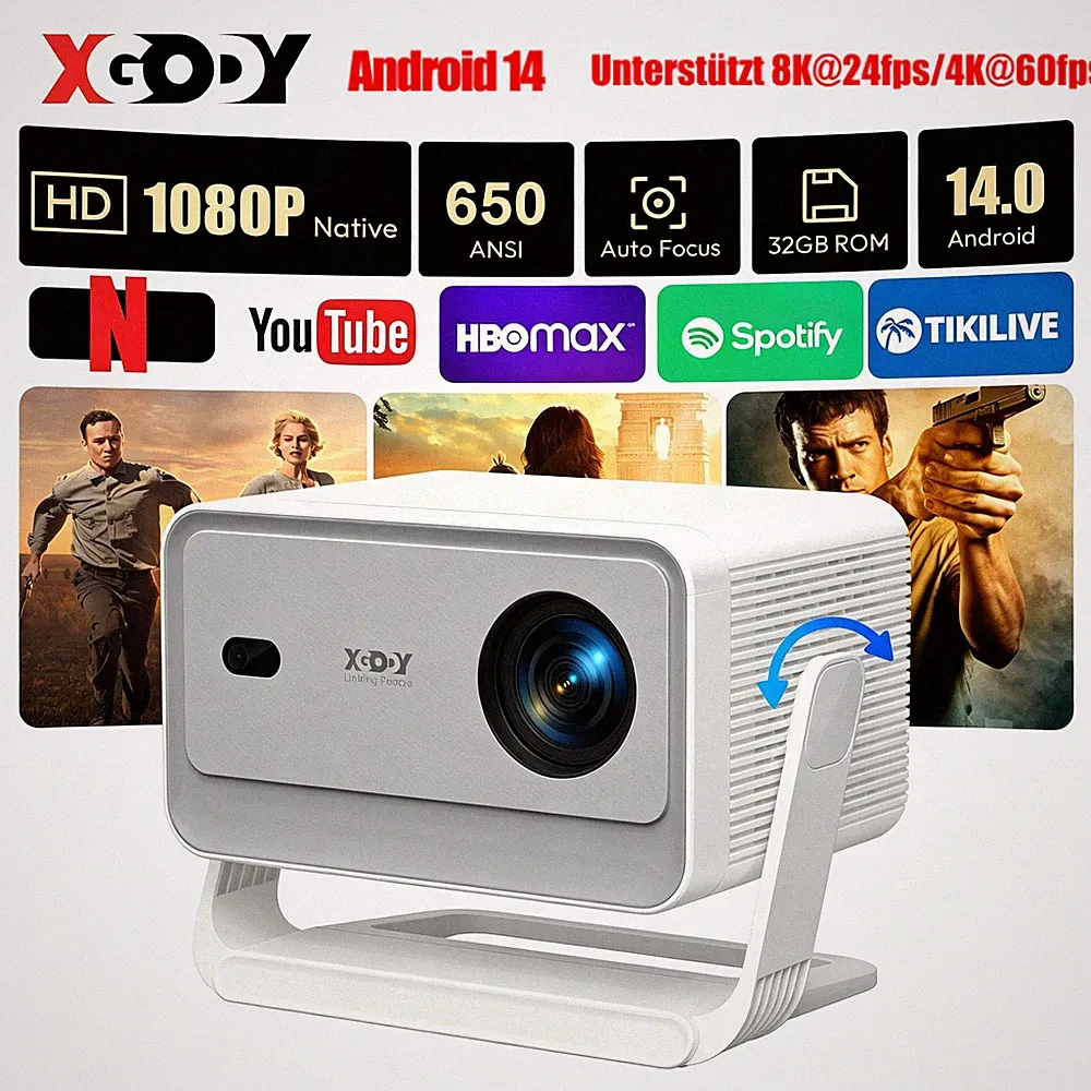 XGODY 8K 4K Beamer Android 14.0 Full hd 5G Projektor WiFi Video TV Autofokus