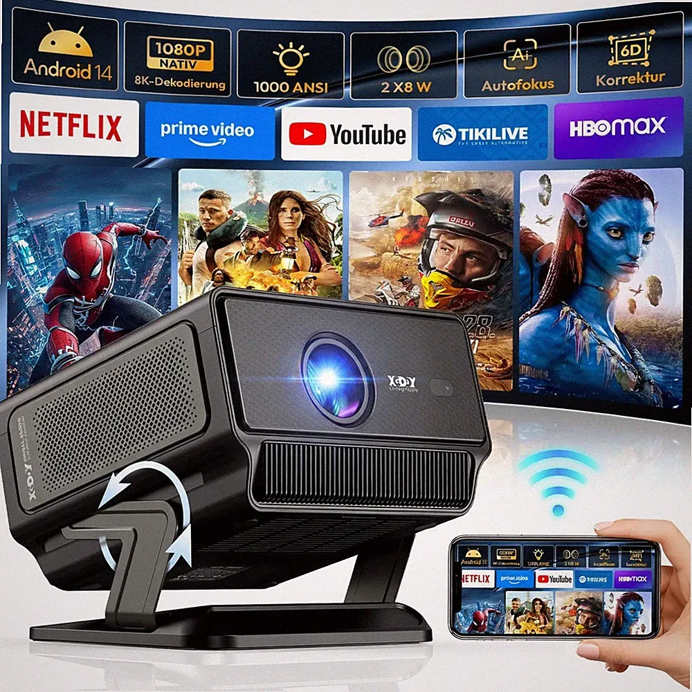 XGODY 8K 4K Beamer Gimbal A8 Android 14.0 5G WIFI Projektor Autofokus Heimkino