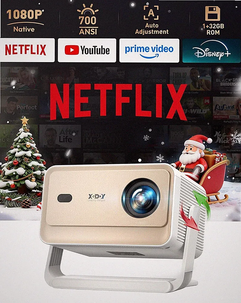 Xgody N6 Pro Smart Beamer 700 ANSI, Tragbar, Autofokus, 1080P, 3m
