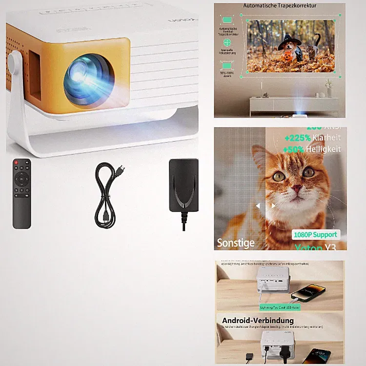 Y3 Mini Beamer 1080p Tragbarer Projektor mit 180 Drehung und Auto Keystone, HDMI