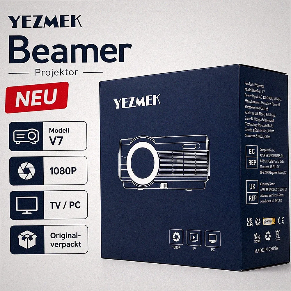 YEZMEK Beamer Projektor V7 Full HD 1080P Neu HDMI TV PC Heimkino