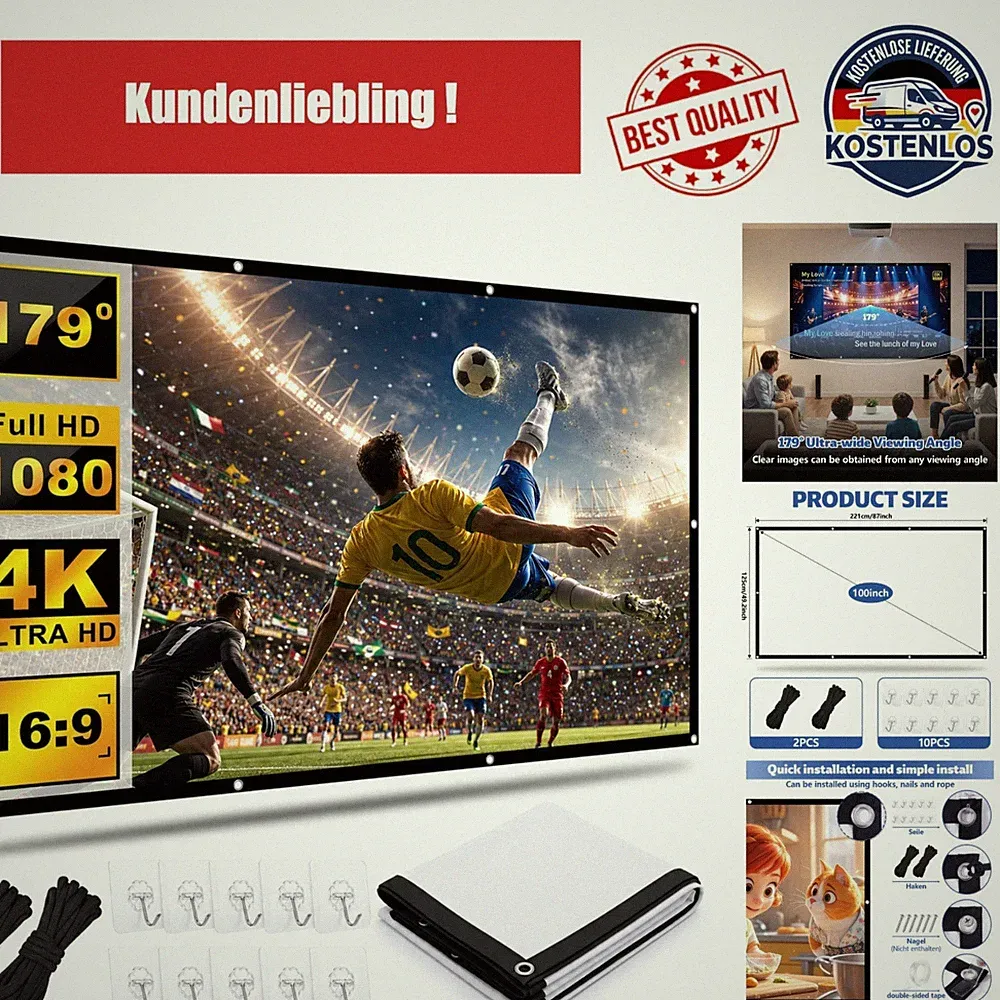 YYAQZD Leinwand Beamer 100 Zoll HD Faltbar für Heimkino