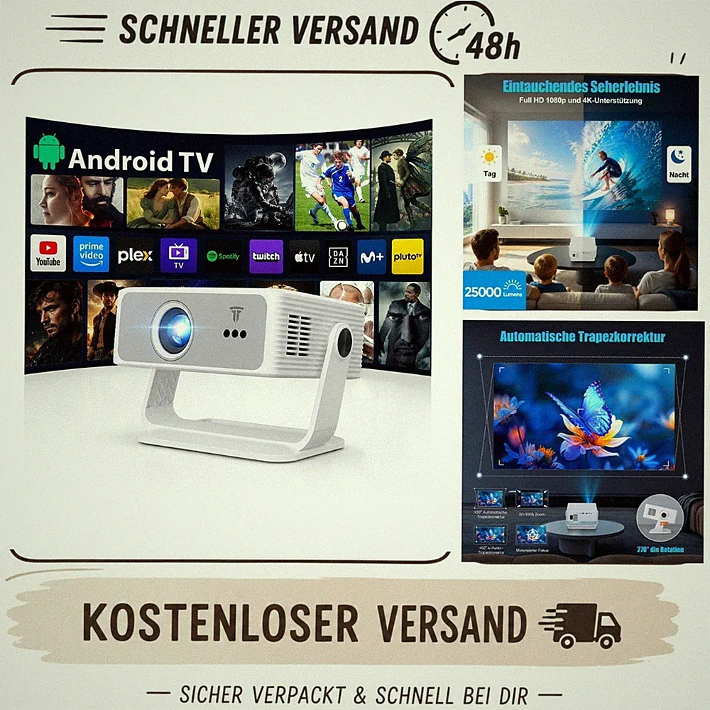 ZDK Smart Beamer 4K Full HD 1080P Android 14 WLAN Bluetooth 25000 Lumen Heimkino