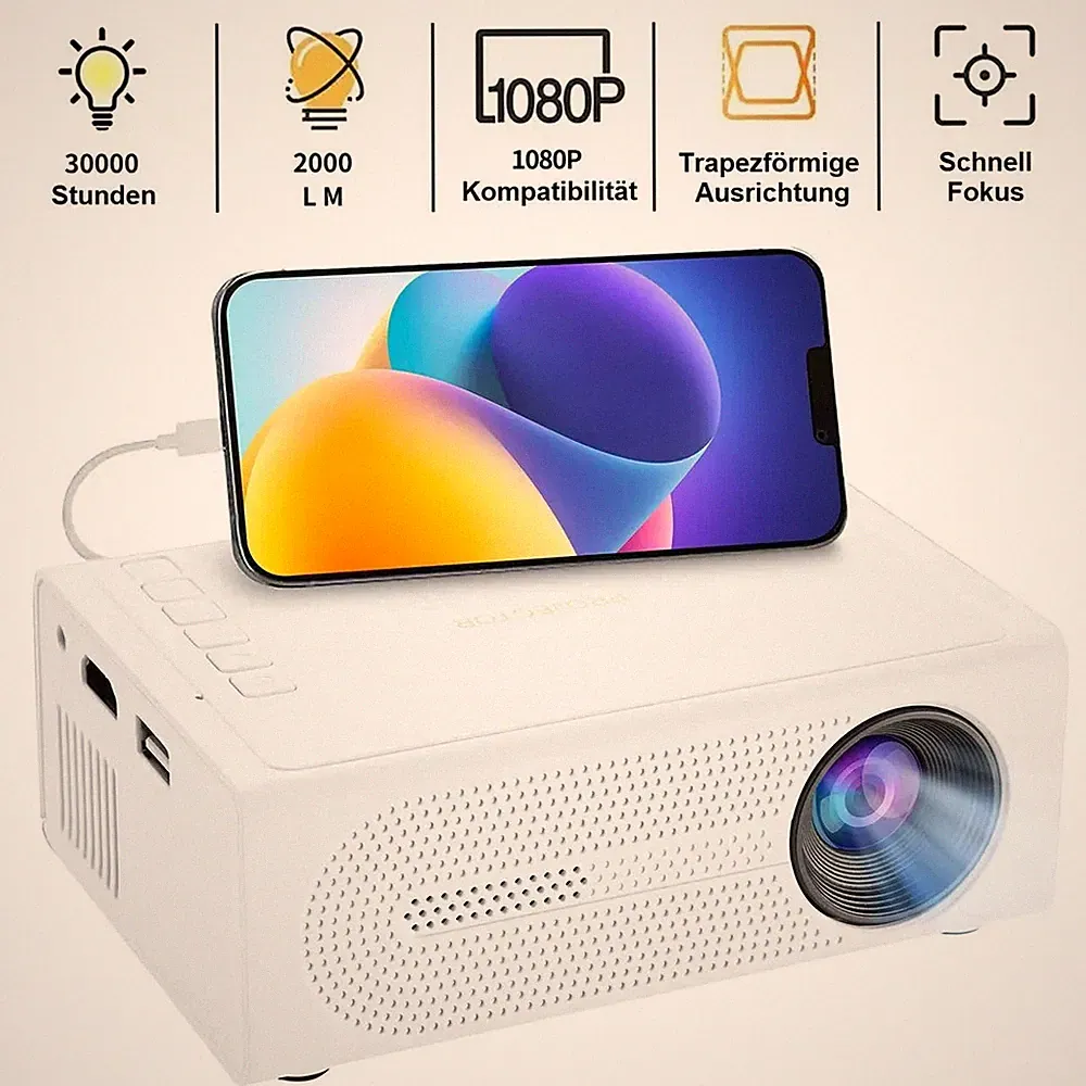 ZELURXX Mini-Projektor, Tragbarer Beamer, LED, Unterstützt iOS und Android